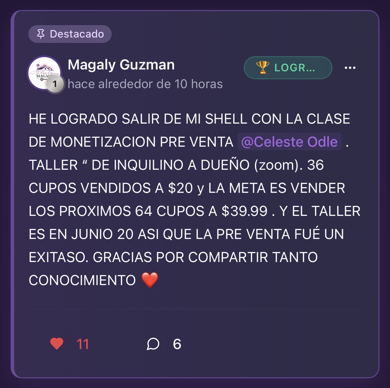 Logro de Magaly: 36 cupos vendidos en su preventa de taller